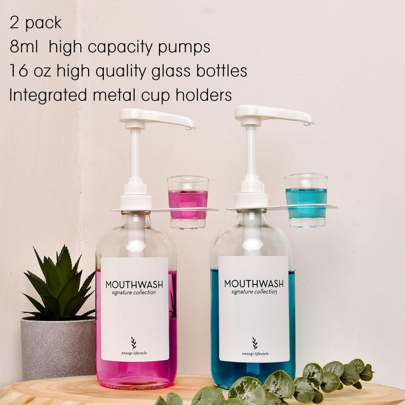 onsogi Glass Mouthwash Dispensers with Cup Holders and Pumps, 16 Oz Rustic Boho Mouthwash Dispensers for Bathroom Farmhouse Decor - 2 Pack Clear - Image 5
